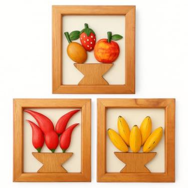 Imagem de Kit 3 Quadros De Madeira Artesanais Pequenos Com Frutas Pimentas E Bananas Decoração Cozinha E Área Gourmet