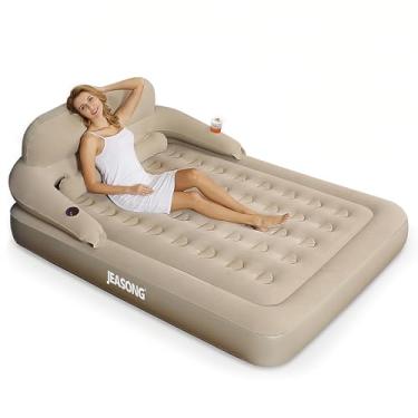 Imagem de JEASONG Colchão de ar com cabeceira, colchão inflável de inflação/esvaziamento rápido, cama inflável de 30 cm de altura com parte superior flocada confortável para acampamento de viagem de hóspedes em