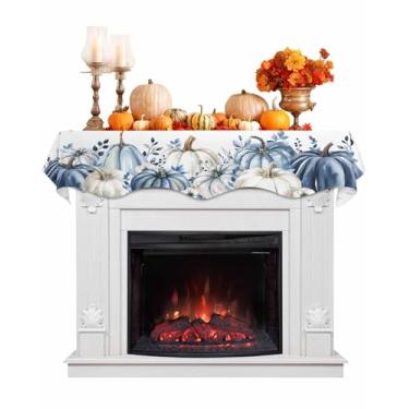 Imagem de Lenço de lareira de outono, azul, branco, abóbora, cornija, lenço, prateleira, cachecóis, flores, folhas de eucalipto, colheita, dia de ação de graças, cobertura de cornija para outono, férias, sala