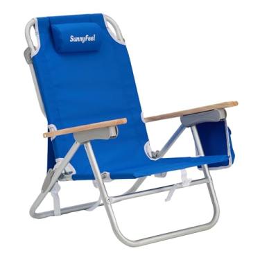 Imagem de SUNNYFEEL Cadeira de praia dobrável com encosto baixo, cadeira de praia resistente de alumínio com 3 posições reclináveis, cadeira de acampamento portátil para adultos com apoio de braço de madeira