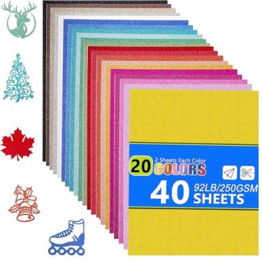 Imagem de Cartolina com glitter, 40 folhas, 20 cores, 21 x 29,8 cm, cartolina de papel Cricut, glitter brilhante sem derramamento, papel com glitter A4 para artes e artesanato – confecção de cartões
