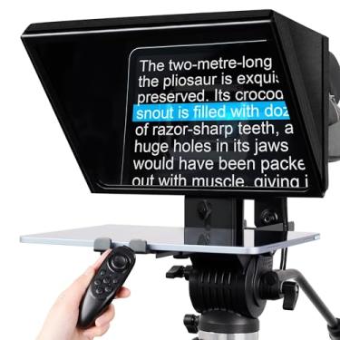 Imagem de Geimrsy Teleprompter profissional i2/12 polegadas, vidro óptico temperado, estrutura totalmente metálica, equipado com controle remoto e aplicativo dedicado, compatível com uma ampla gama de