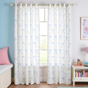 Imagem de Cortinas de janela infantis com laço de desenho animado, nó de laço geométrico, patchwork moderno, cortinas de janela para meninas e mulheres, pintadas à mão, azul, nobre, tratamentos de janela, ilhós