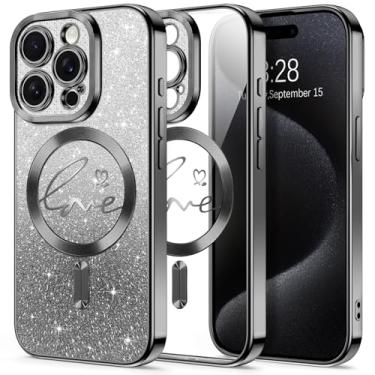 Imagem de Hython Capa para iPhone 15 Pro Max com glitter, compatível com MagSafe Love Heart Magnetic Clear Phone Cases para mulheres e meninas, proteção total da câmera, revestimento brilhante à prova de choque