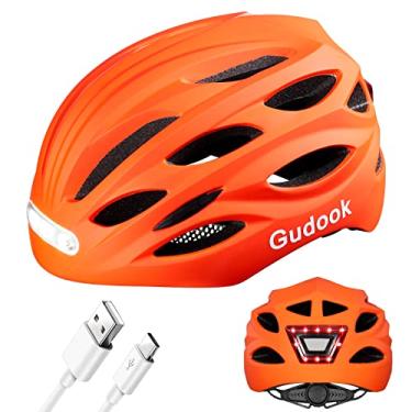 Imagem de Gudook Capacete de bicicleta capacete adulto para homens/mulheres: com luz LED frontal e traseira recarregável por USB para ciclismo Urban Commuter Casco para bicicleta capacete leve (laranja fosco