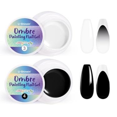 Imagem de U-Shinein Conjunto de 2 peças de esmalte de gel ombre, pintura em preto e branco em gel para unhas ombré, unhas aura, manicure francesa, faça você mesmo (01)