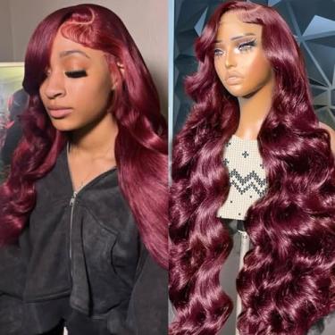 Imagem de CITY GIRL 99J Perucas de cabelo humano vinho vermelho vinho ondulado 13 x 4 HD lace frontal perucas pré-arrancadas com cabelo de bebê sem cola 200% densidade 55 cm