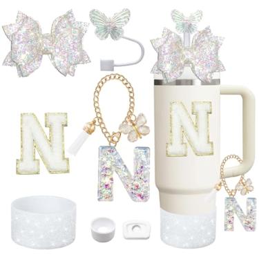 Imagem de Liangang Conjunto de acessórios de copo branco de 7 peças para Stanley 850 g 1,134 g, incluindo bota, tampa à prova de derramamento, capa de canudo de borboleta, letras adesivas, pingentes de letras