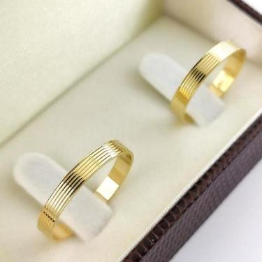 Imagem de Par de Alianças de Casamento Cronos Ouro 18k 5 Frisos Centrais 4mm 3g 