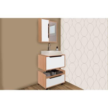 Imagem de Gabinete de Banheiro Balcão Suspenso BN3646 e Balcão c/ Rodízios BN3647 60cm e Armário c/ Espelho BN3648 60cm Amêndoa/Branco - Tecno Mobili