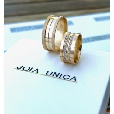 Imagem de Par de Alianças de Ouro com frisos laterais 8mm de largura e cravada c