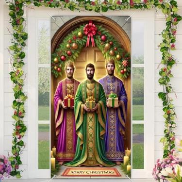 Imagem de BlissYard Capa de porta de Natal para portas de inverno 71 x 35 polegadas design de presépio de três homens sábios elegante grande festivo decoração de porta de feriado bandeira de boas-vindas