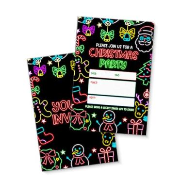 Imagem de QZJ Suprimentos de convites de festa de Natal neon com envelopes, conjunto de 20 convites de festa de Natal brilhantes preenchem em branco, dupla face