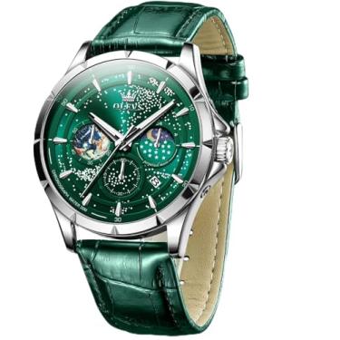 Imagem de OLEVS Relógios masculinos, céu estrelado, fase, lua, mostrador luxuoso, analógico, quartzo, clássico, casual, data, relógios de pulso, à prova d'água, luminosos, Mostrador verde com pulseira verde 1