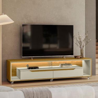 Imagem de Rack para Tv 65 Polegadas com Led e Rodízios 175cm Contemporâneo Loop Freijo/ Off White