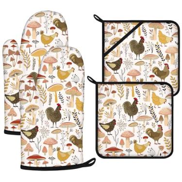 Imagem de Conjunto de luvas de forno e suportes de panela Rooster, 4 peças, luvas de forno extralongas para cozinha, cozinhar, assar, churrasco, 100% algodão, resistente ao calor