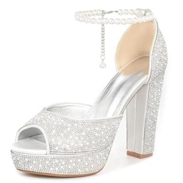 Imagem de YUHATRG Sandália feminina plataforma de salto alto, salto grosso, salto grosso, brilhante, pérola, strass, peep toe com tira no tornozelo, vestido de noiva para casamento, Prata, 38