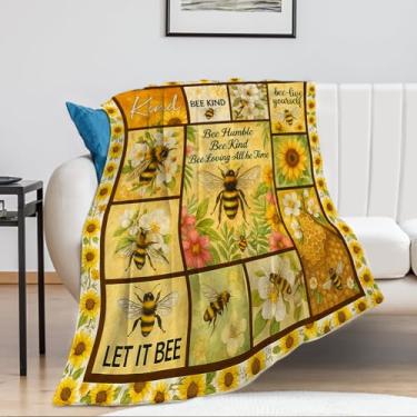 Imagem de Cobertor tipo abelha amarela – Manta de lã inspiradora com abelhas, flores e citações motivacionais – Cobertor macio e aconchegante para sofá, cama, sofá – presente para amantes de abelhas, mulheres