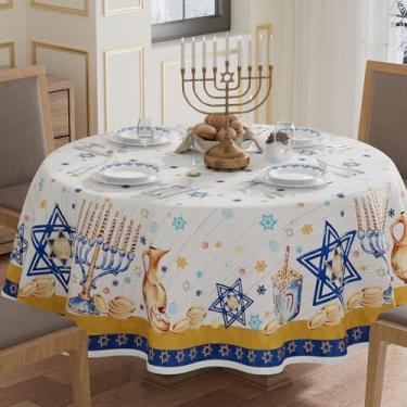 Imagem de XCHI Toalha de mesa redonda Dreidel Gelts Hanukkah Chanukah Menorah toalha de mesa redonda toalha de mesa lavável para decoração de festa em casa 152 x 152 cm