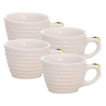Imagem de Conjunto de Xícaras de Porcelana para Café, 90ml, 4 Peças, Design Ondulado com Detalhe de Abelha, Branco