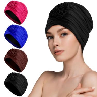 Imagem de Yearntown 4 peças turbantes para mulheres, toucas de natação elásticas, touca de cabelo, cachecol, câncer, acessório para cabeça de quimioterapia (preto, azul, vermelho rosa e marrom)
