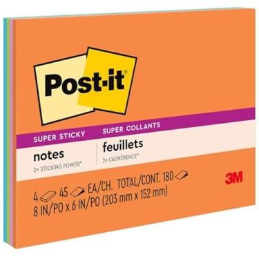 Imagem de Post-It 6845Ssp Super Sticky Meeting Notes in Rio De Janeiro Colors, 8 X 6, 45-Sheet, 4/Pack
