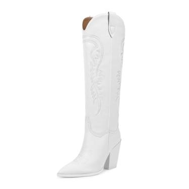 Imagem de ISNOM Botas femininas de cowgirl, cano alto, bordadas, estilo caubói, salto grosso, bico fino, estilo caubói, Branco fosco, 41