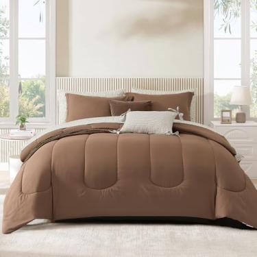 Imagem de Monbix Conjunto de edredom King Size – 7 peças, cama em uma bolsa, conjunto de cama king com costura marrom, conjunto de cama com edredom alternativo para todas as estações com lençóis