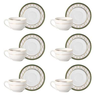 Imagem de Conjunto de 6 Xícaras de Chá com Pires de Cerâmica com Filete de Ouro 