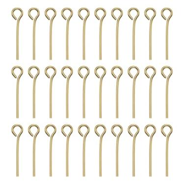 Imagem de HARFINGTON 100 peças de pinos de cabeça de olho aberto em ouro 18K 16 mm mini pinos de metal com contas pequenas agulhas a granel para brinco, pingente, colar, pulseira, berloque, fabricação de joias