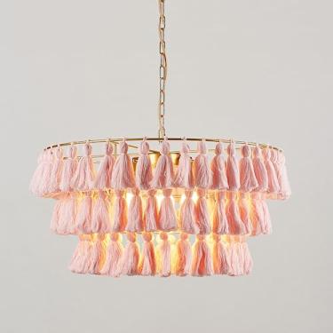 Imagem de Lustre com pingente de borla feito à mão em algodão com franjas para sala de estar e quarto, luminária de teto moderna com luminária suspensa ajustável (rosa)