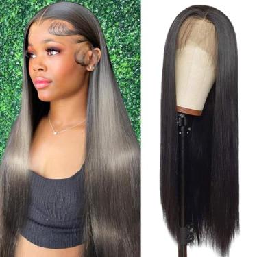Imagem de Fdsweetzj Peruca longa e reta sintética com tela frontal. Peruca preta de fibra Kanekalon resistente ao calor, peruca de cabelo natural para mulheres (preta 61 cm)