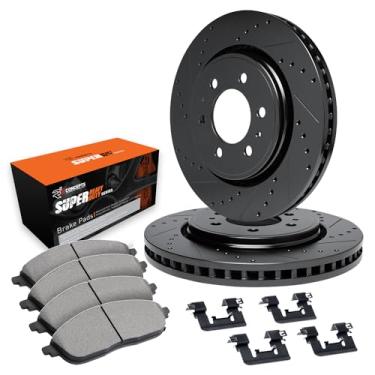 Imagem de R1 Concepts Rotores de freio dianteiros da série eLine perfurados e ranhurados pretos com pastilhas OEP e kit de ferragens 1BC.67008.44