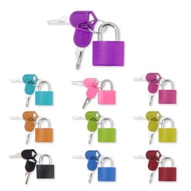 Imagem de 10 pacotes de cadeados de mala com chaves multicoloridos pequenos cadeados de bagagem Matel coberto de plástico mini cadeado com chave para casa, escola, academia, armário, combinando, jogos