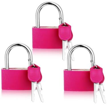 Imagem de Wanmu Pacote com 3 cadeados de academia com chave, cadeado grande de alumínio rosa de 42 mm com 4,16 cm de largura, cadeados resistentes à prova d'água para galpão, portão, armários de academia