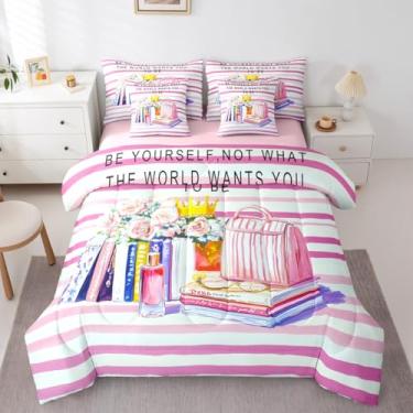 Imagem de Erosebridal Conjunto de edredom solteiro floral rosa com 7 peças, para meninas, crianças, mulheres, com citações inspiradoras, roupa de cama moderna em uma bolsa, perfume, maquiagem, conjunto de cama