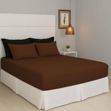 Imagem de Jogo de Lençol Cama Casal Pérola Liso 3 Peças COZZILAR Marrom 100% Algodão com Elástico e Toque Macio