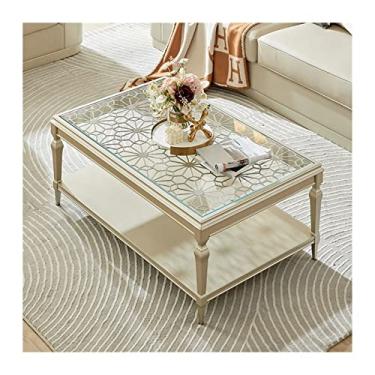Imagem de Mesa de centro pequena, mesa de centro moderna de simplicidade com entalhe oco e tampo de vidro, mesa de sofá retangular de luxo de 120 cm com prateleira aberta para sala de estar, moderna e pequena