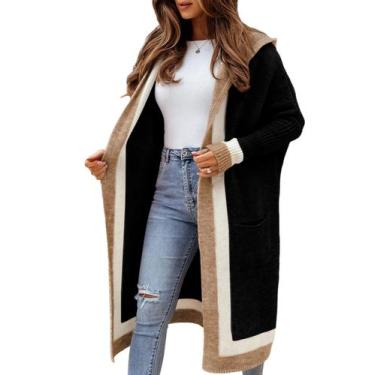 Imagem de Suéter de cardigã Yimoon Color Block Open Front com capuz feminino