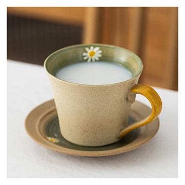 Imagem de WOTZOV Caneca de café criativa com padrão de flores pintadas à mão, caneca simples, pires, colher, conjunto de chávena de chá para casa para amigos, familiares, amigos, chávena de chá