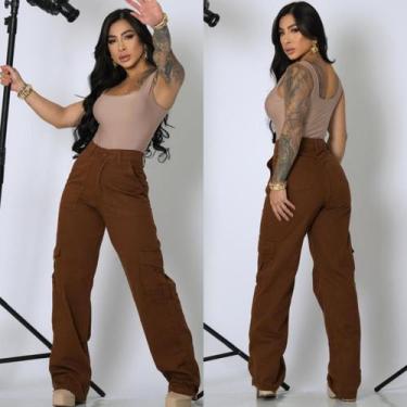 Imagem de Calça Cargo Jeans Feminina Wide Leg Cor Marrom Moderna e Confortável -