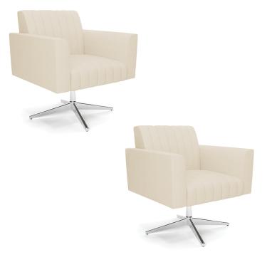 Imagem de Kit 2 Poltronas Giratória Viena Gomada Linho Bege A19 Base Cromada - D'Rossi