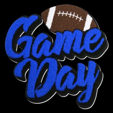 Imagem de FANCIBAND Remendos de ferro no dia de jogo, remendo de futebol americano, adesivos de letras universitárias para jaquetas, moletom com capuz e camiseta (azul)
