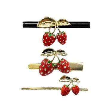 Imagem de Kit Presilha Bico Pato + Grampo + Elástico Cabelo Morango Ou Cereja - 