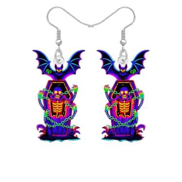 Imagem de Brincos pendentes de caixão de esqueleto de terror de acrílico para Halloween, presentes góticos para mulheres, design gótico assustador de morcego e caveira, acessórios de bijuteria de fantasia de