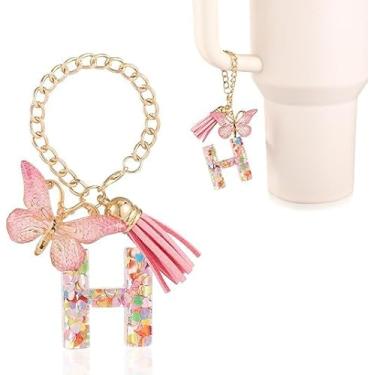 Imagem de Acessórios para copos com letras, lindo alfabeto para decoração de copo com alça de caneca, pingentes de decoração com borboleta, para Stanley Tumblers, mulheres, meninas, presente (H)