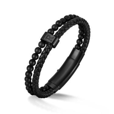 Imagem de Pulseira com inicial para homens com letra feita à mão ágata natural com contas de couro preto trançado pulseira significativa, presente de joias, presentes de dia dos pais combinando para casal, 19 a
