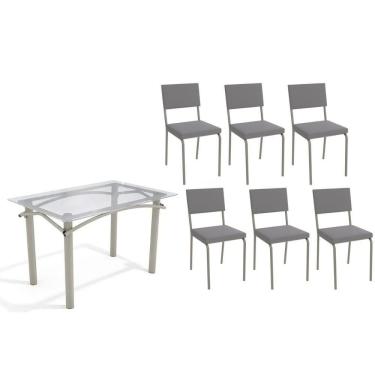 Imagem de Conjunto: Mesa Sala Jantar Elba C- Tampo De Vidro 120cm E 6 Cadeiras Zaria Niquel - Suede Cinza - Kappesberg