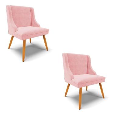 Imagem de Kit 02 Cadeiras De Jantar Liz Suede Rosa Bebê Pés Palito Castanho
