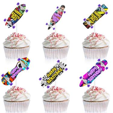 Imagem de 18 Pieces Skateboard Cupcake Toppers Skateboard Park Theme Extreme Sports Athlete Happy Birthday Graffiti Decoration Set for Boy and Girl Birthday Party, Sports Party, Hip Hop Party Decoration Supplie